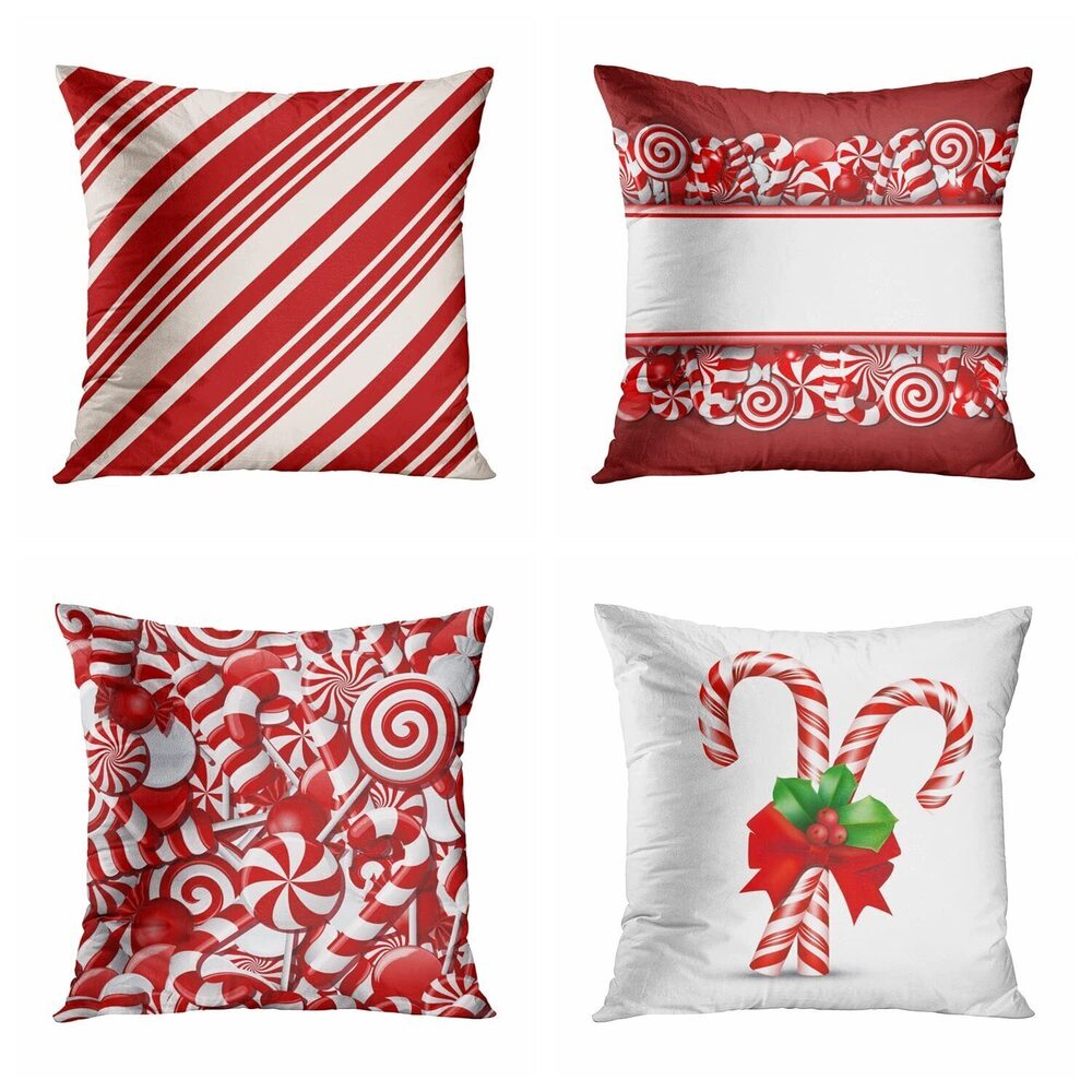2451 Set of 4 Throw Pillow Cover 20x20 Inch Red and White Cream Candies